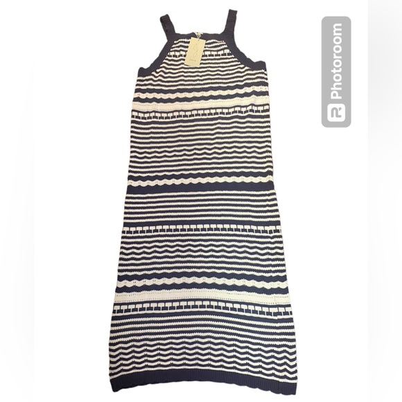 JOIE Striped Knit Crochet Sleeveless Long Dress Navy Blue & White Large NWT - Picture 4 of 11